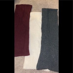 Knit infinity scarves! Burgundy, cream, and gray